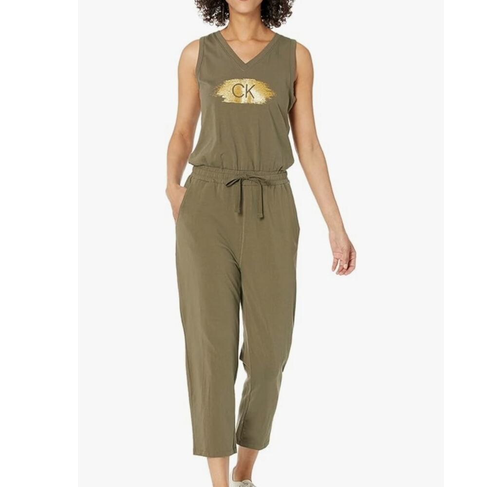 Calvin Klein Designer Logo Green Jumpsuit Romper W/ Drawstring Size Medium